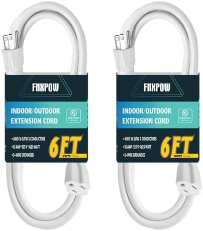 Indoor Outdoor Extension Cord 6 FT Waterproof, 16/3 Gauge Heavy Duty White Extension Cords, 13A 1625W SJTW Extension Cord with 3 Prong Grounded Plug, Great for Tools, Lights, UL Listed, 2PK by FNXPOW