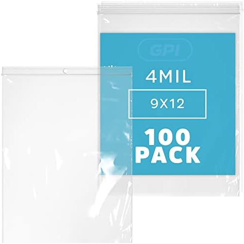 9" x 12" Zip Bags, 100 Pack, 4 Mil Heavy Duty, Hang Hole for Display, GPI by GPI