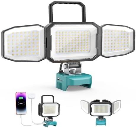 LED Work Light Compatible with MaKita 18V Battery, 150W 15000LM Flood Light, 6500K Daylight 3-Head Adjustable, USB Type-C&2 Brightness Modes Portable Flashlight Job Site Light (Tool Only) by LIVOWALNY
