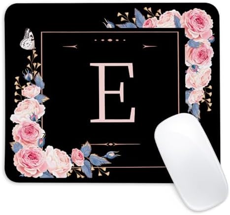 Letter E Black and Pink Flowers Square Mouse Pad, Mouse Pad with Stitched Edge and Non-Slip Rubber Base,Mouse Mat,Home Office Decor Desk Accessories,9.4x7.8x0.12 inch Square Mouse Pad by Unknown
