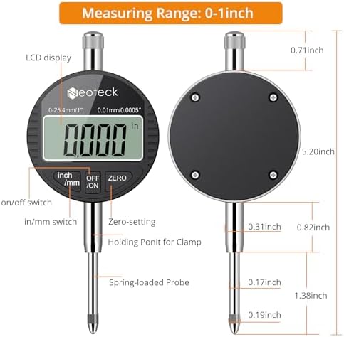Neoteck 1"/25.4mm Digital Dial Indicator 0.0005"/0.01mm Dial Test Indicator - Image 6