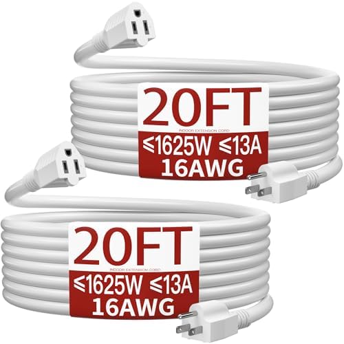 Skrizcable 16/3 Short Extension Cord 20FT 2Pc, White Extension Cord Indoor by Skrizcable