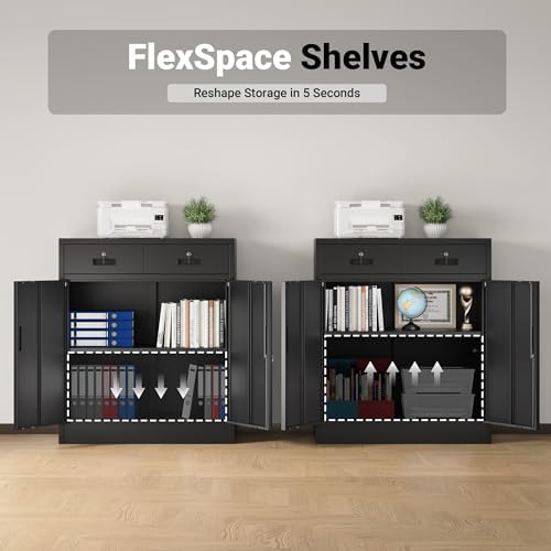 CJF Metal Storage Cabinet, Locking Cabinet with Adjustable Shelf and 2 Drawers, Metal Cabinets for Office, Home, Garage 36" H x 32" W x 16" D (Black) - Image 5