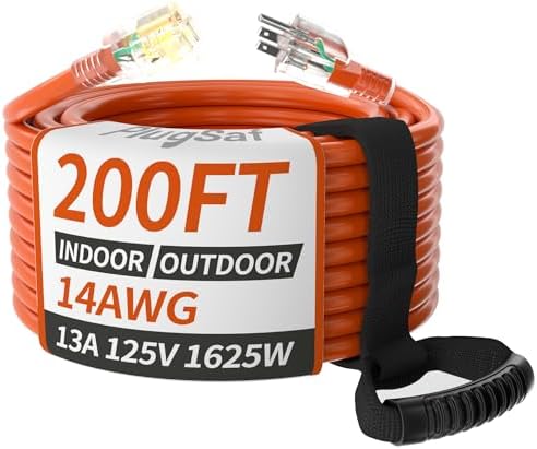 PlugSaf 200 FT 14 Gauge Extension Cord, Heavy Duty Extension Cord, Orange by PlugSaf
