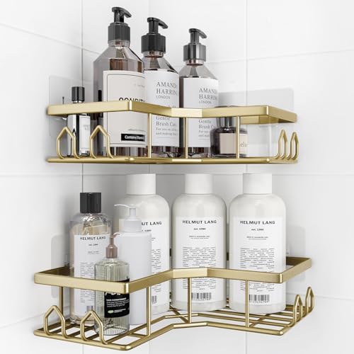 Adhesive Shower Caddy, 2 Pack Corner Bath Organizer, Rustproof Stainless Steel Shower Shelves with Large Capacity, No Drilling Shelves for Bathroom Storage, Home, Kitchen Décor(Gold) by Unknown