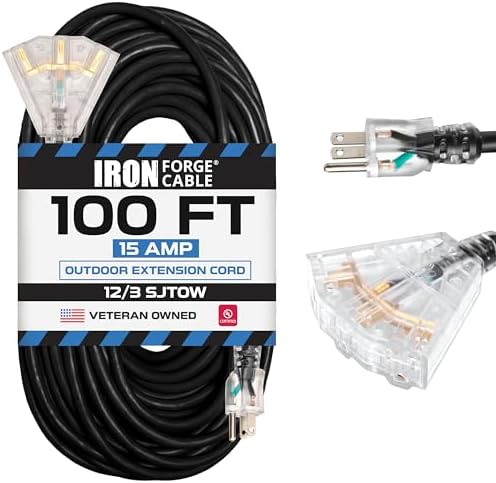 Iron Forge Cable 12 Gauge Extension Cord Multi Outlet, 100 Ft - Black SJTW by IronForgeCable
