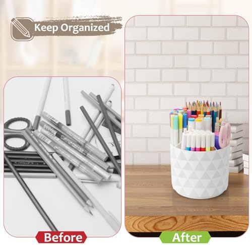 Desk Organizer, 360-Degree Rotating Pencil Pen Holders For Desk, Diamond Pattern Pen Organizer With 5 Compartments, Cute Desk Accessories Decor For Office, School,Home,Art Supply (White) - Image 7
