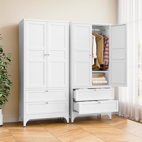 BYNSOE 71" Tall Metal Wardrobe Closet with 2 Drawers, Steel Armoire Cabinet with Hanging Rod and Adjustable Shelves, Freestanding Clothes Storage Organizer for Bedroom Office Furniture by BYNSOE