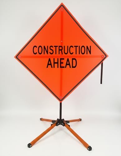 Traffic Roll-Up Sign Kit with Stand – Collapsible Safety Sign & Heavy-Duty Portable Stand, High Visibility, Easy Setup (Construction Ahead, Mesh) by EASTERNMETALSIGNSANDSAFETY