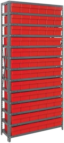 Quantum Storage Systems 1275-601RD Solid Heavy Duty 13 Shelves 72 Super Tuff Euro Red Bins 75" H x 36" W x 12" D by QuantumStorageSystems