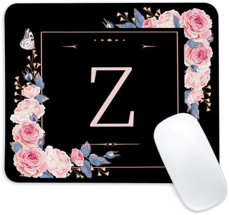 Letter Z Black and Pink Flowers Square Mouse Pad, Mouse Pad with Stitched Edge and Non-Slip Rubber Base,Mouse Mat,Home Office Decor Desk Accessories,9.4x7.8x0.12 inch Square Mouse Pad by Unknown