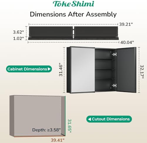 TokeShimi 40 x 32 Black Recessed Medicine Cabinet with Mirror, Assembly Required, Bathroom Mirror Cabinet, Steplessly Adjustable Shelves, Beveled Aluminum Frame, Tempered Glass - Image 2
