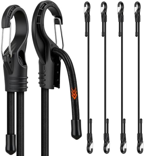 4-Piece 36-inch Adjustable Bungee Cords with Hooks, Easily Adjust from 7" to 36", Heavy Duty Outdoor Carabiner Bungee Cords, Black Super Elastic Cord for Cargo, Camping, Tents, Luggage by HORUSDY