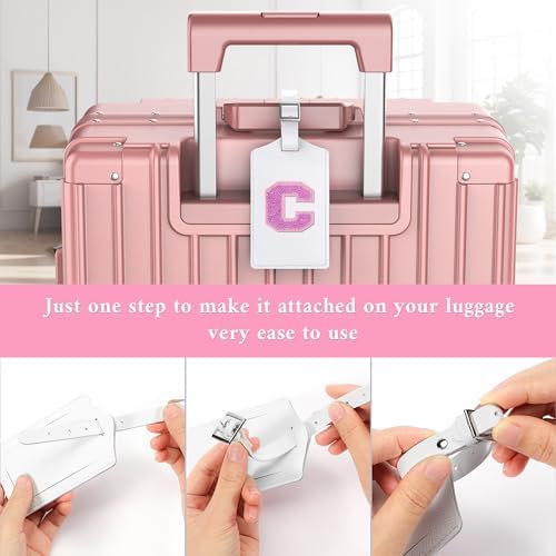 Sodsay 2 PCS Initial Luggage Tag, Luggage Tags for Suitcases Cute Sequin Letter PU Leather Travel Bag Baggage Tags Privacy Cover ID Label for Women Kids Teens Men(C, White Leather+Hot Pink Letter) - Image 5