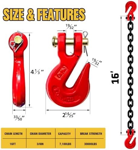G80 Binder Chain 3/8" x 16ft - Heavy-Duty Transport Safety Chain with Clevis Grab Hooks, 7100 lbs Safe Working Load for Towing, Tie Down, Binding & Truck Logistics - Image 2
