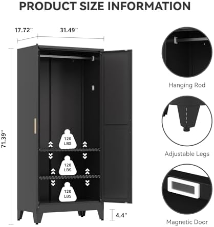 Baborokic Metal Armoire Wardrobe Closet with Hanging Rod,71H Metal Cabinet with Doors and Shelves,Freestanding Bedroom Armoire Closet,Storage Cabinets for Bedroom,Office,Laundry Room(Black) - Image 2