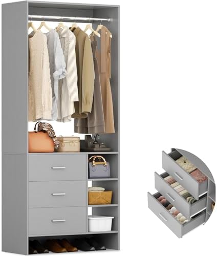 Aheaplus 2.5FT Closet System with 3 Drawers, 29.5’’ Closet Organizer, Grey by Aheaplus