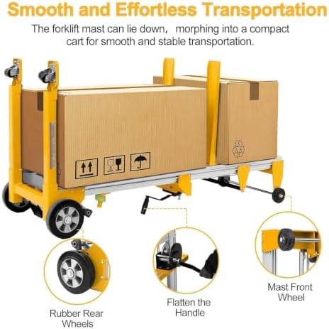 Material Lift Winch Stacker, 400 lbs Capacity, 122" Max Raised Height, Fixed Straddle Hand Winch Lift Trucks for Warehouse, Factory, Library, 34.60"L x 24.80"W,Yellow - Image 7