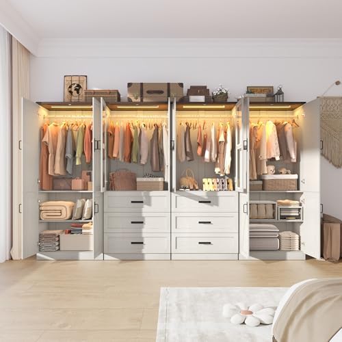 75" Tall Farmhouse 8 Doors Armoire Wardrobe Closet with 6 Drawers and LED,Freestanding Closet Wardrobe Cabinet for Bedroom with Hanging Rod,Wooden Armoire Storage Cabinet(Rustic Off White 8 Doors) - Image 3