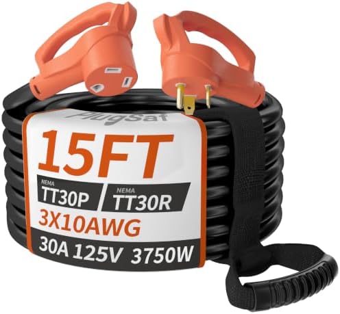 PlugSaf 15 FT 30 Amp RV Extension Cord Outdoor, 10AWG 125V 3750W STW Orange by PlugSaf