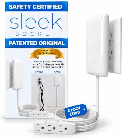 Sleek Socket Original & Patented Ultra-Thin Outlet Concealer with Cord Concealer Kit, Flat Extension Cord with Multi Outlets Power Strip, Ideal for Home Improvement, Hide Bulky and Messy Cords by sleeksocket