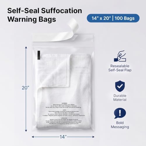 14” X 20” (100 Count) Self Seal Clear Poly Bags with Suffocation Warning - Image 2