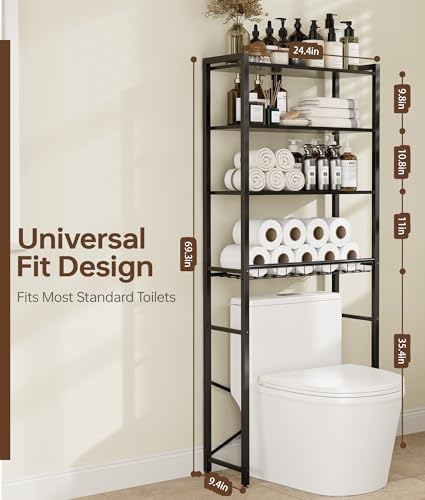 4-Tier Over-the-Toilet Storage Rack with One-Piece Wooden Shelves & Open Net Basket, Bathroom Organizer with Adjustable Feet & Anti-Tip Kit, Space-Saving Toilet Shelf, Black, 24.4" x 9.4" x 69.3" - Image 2