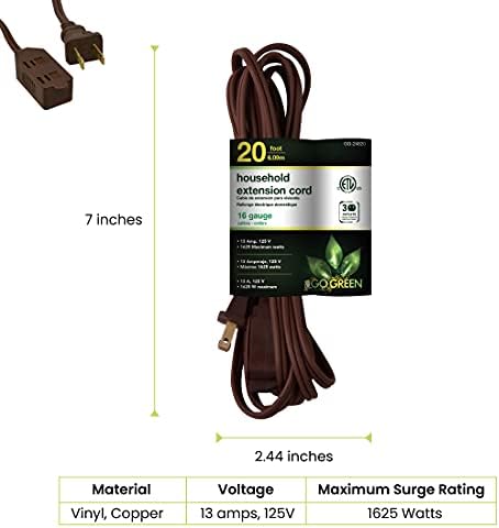 GoGreen Power (GG-24820) 16/2 20’ Household Extension Cord, 3 Outlets, Brown (Pack of 2) - Image 5