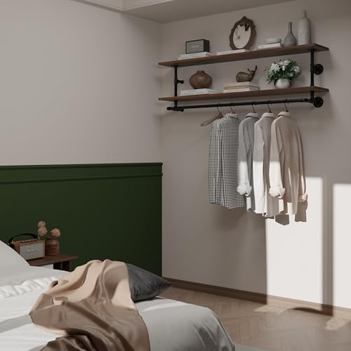Clothes Rack 60in, Wall Mounted Garment Rack with Real Walnut Wood Shelf, Heavy Duty Hanging Clothes Rack, Multi-Purpose Hanging Rod, Space-Saving Closet Storage (Walnut, 2T60IN) - Image 4