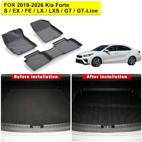 TPE Floor Mats & Cargo Liner for 2019-2024 Kia Forte All Weather Car Floor Liners Fit S/EX/FE/LX/LXS/GT/GT-Line Accessories Black - Image 2