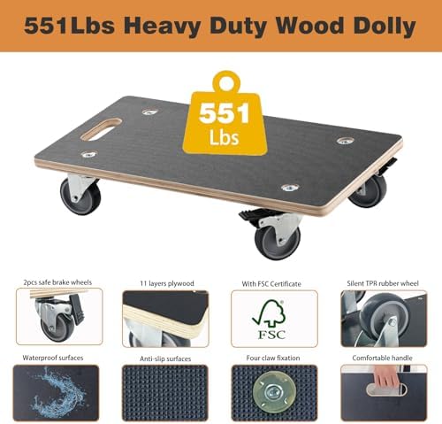 Anti-Slip Plywood Platform Dolly 2 Swivel + 2 Brake Caster Wooden Cart 550 Lbs Capacity (2 Packs per Set) Furniture Transporter Widely Use for Moving Heavy Furnitures,Goods, Green Plants - Image 6