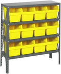 Quantum 1839-SB808YL Heavy Duty Shelving Unit with (4) Shelve and (12) QSB808 Yellow Bins for Garage Warehouse Storage Distribution | 400 lb Load Capacity | 12"D x 36"L x 39"H, Galvanized Carbon Steel by QuantumStorageSystems