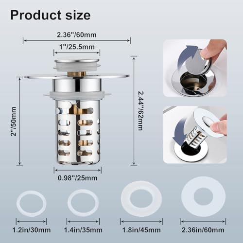 Bathroom Sink Drain Strainer, 2PCS Pop Up 3 in 1 Bathroom Sink Stopper with Removable Stainless Steel Filter Basket Drain Hair Catcher, Sink Plug for 1.1''~2.36'' Basin, Brass Bullet Core, Chrome - Image 5