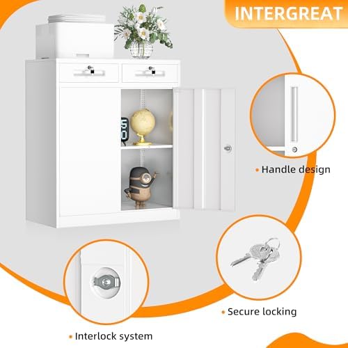 INTERGREAT Metal Storage Cabinet with Drawers, 36”H Lockable Office Storage Cabinets with 2 Doors and Adjustable Shelves, White Steel File Cabinet for Home Office, Garage, School, Apartment(White) - Image 4