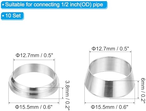 PATIKIL 1/2" Tube OD 304 Stainless Steel Compression Tube Fitting Sleeve, 10 Pack Double Ferrule Ring Tubing Fitting Assortment Kit, Silver - Image 2