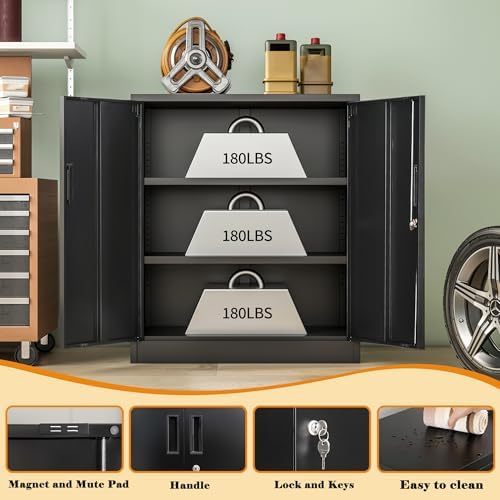 Wanfu Metal Storage Cabinet, 36" H Locking Storage Cabinet with 2 Adjustable Shelves, Metal Cabinets for Garage, Home, Office, Utility Room-Black - Image 4