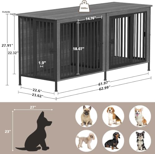 EasyCom 63" Dog Crate Furniture for 1 or 2 Dogs, 20-35 Pounds, Dark Grey - Image 5
