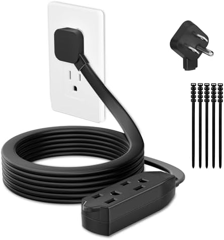 3 Outlets Flat Plug Extension Cord 10FT, 3 Prong Thin Grounded Power Strip, Right Angled Flat Plug, Low Profile Flat Indoor Cable, NISPT-2 16/3 AWG, 13A/125V/1625W, ETL Listed, Black, 25 Zip Ties by Unknown