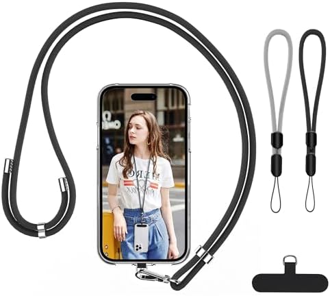 takyu Cell Phone Lanyard, Crossbody Phone Lanyard Adjustable Neck Strap and 2 Pack Phone Wrist Strap with Phone Tether Patches for Most Smartphones-2Black+Grey by Takyu
