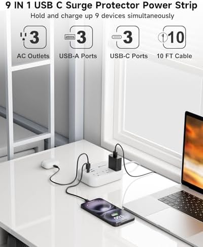 6 USB(3 USB C) Surge Protector Power Strip, 10 Ft Extension Cord,3 Outlets - Image 4