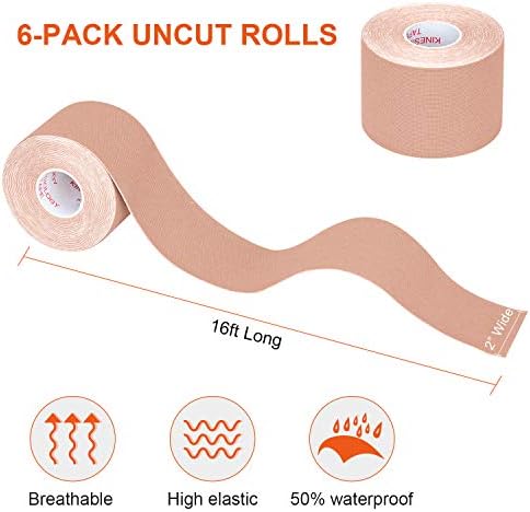 6 Rolls Kinesiology Tape Athletic Uncut Kinetic Tape, Muscle Tape, Sports Tape, Knee Tape, Supports & Protects Muscles, Waterproof and Latex Free, Breathable Elastic for Sport Activity (Skin Color) - Image 2
