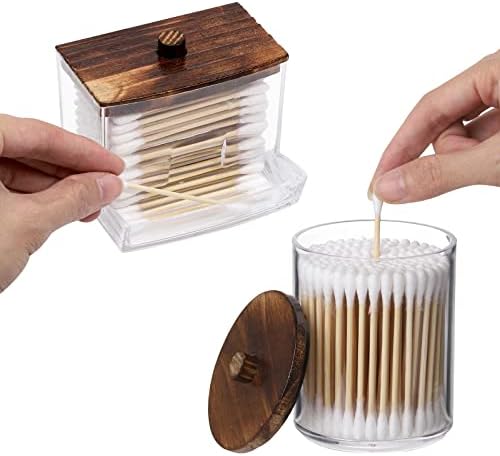 Tbestmax 3 Pack Qtips Holder Bathroom Container, 10 oz Cotton Ball/Swabs Dispenser, Apothecary Jar Organizer for Storage Brown Wood Lids - Image 3