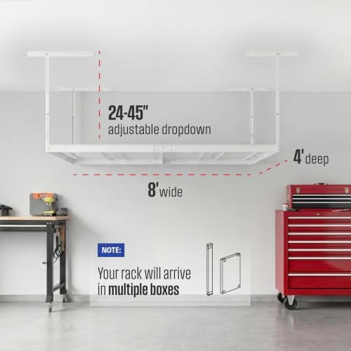 SafeRacks White 4x8 Overhead Storage Rack w/ 5-pc Hook Pack (24”-45" Drop) - Image 3