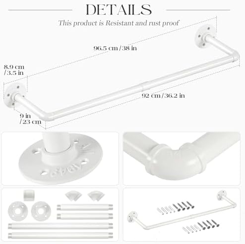 ERYTLLY Industrial Pipe Wall Mounted Clothes Rack,38 Inches Heavy Duty Detachable Garment Rack,Multi-purpose Hanging Rod for Closet,Set of 2,White - Image 3