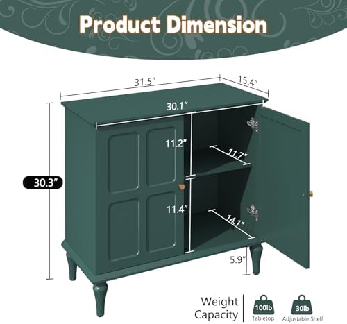 ARTPOWER Green Sideboard Buffet Cabinet with Storage, Mid-Century Modern Storage Cabinet with 2 Doors and Adjustable Shelves, Accent Style Sideboard for Entryway, Dining Room, Living Room - Image 2