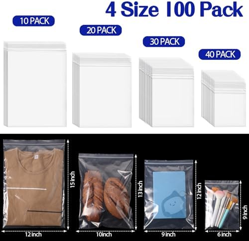 Zonon 100 Pcs Clear Reclosable Zipper Storage Bags Resealable Poly Bag, L - Image 2