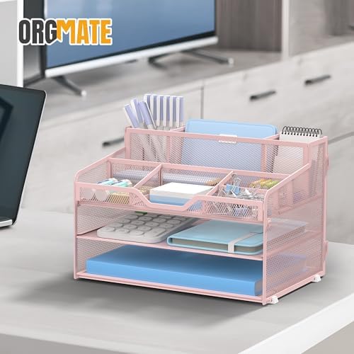 3 Tier Mesh Paper Desk Organizer with Pen Holders, Pink - Image 6