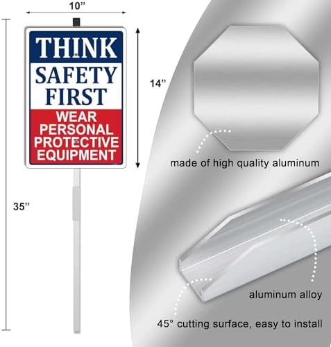 Think Safety First Wear Personal Protective Equipment Sign Safety Warning 14" x 10" With 35" Long Metal Stake With Stand Aluminum Outdoor Use Yard Business - Image 2