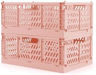 2 Pack Stackable Storage Crates, Plastic Foldable Baskets Small Pink by Domiella