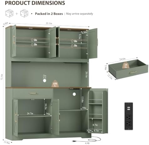 HOSTACK 55" W Kitchen Pantry Storage Cabinet, 72" Tall Hutch Cabinet, Green - Image 3